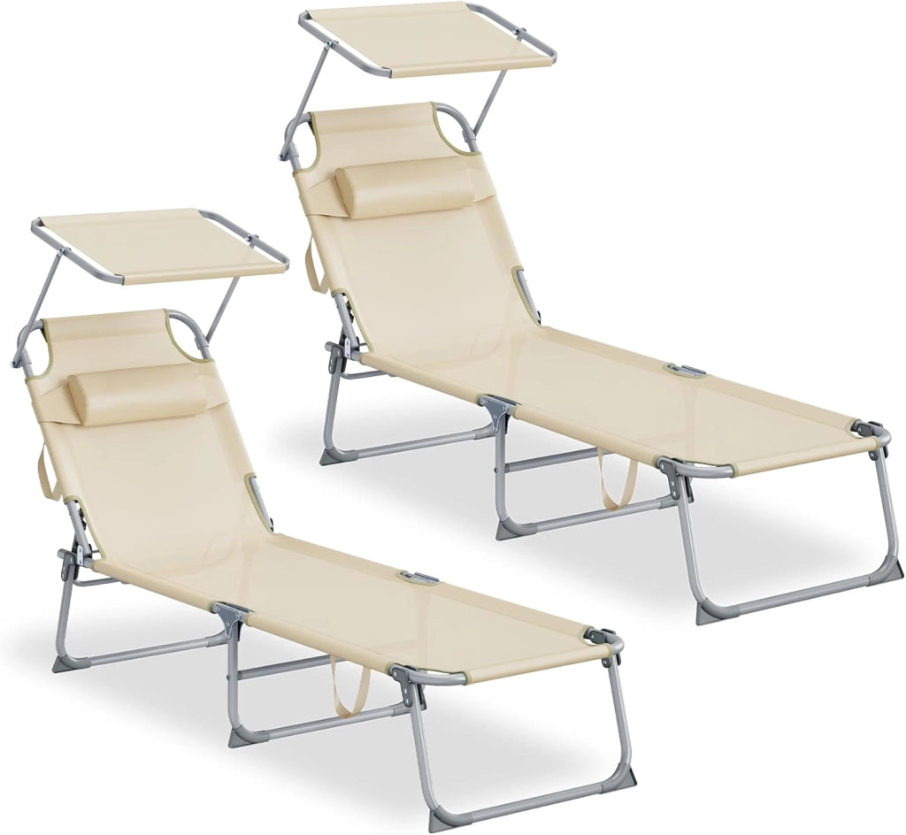 SONGMICS Set da 2 Sedie a Sdraio Pieghevoli, 189 x 53 x 28,5 cm, con Cusicni, Lettini Prendisole, Portata 110 kg Ciascuno, Parasole e Schienale Regolabili, per Terrazza e Balcone, Grigio GCB292GZ02