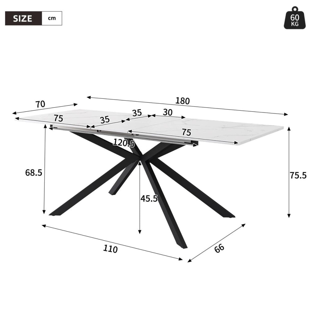 Tavolo da pranzo allungabile rettangolare 150/180x70x75;5 cm in MDF effetto marmo nero e bianco