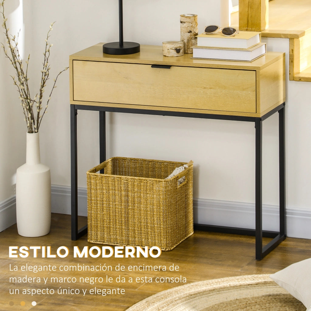 Tavolino consolle con cassetto ¨C Zephmum ¨C Legno naturale gambe acciaio 80x30x76 cm