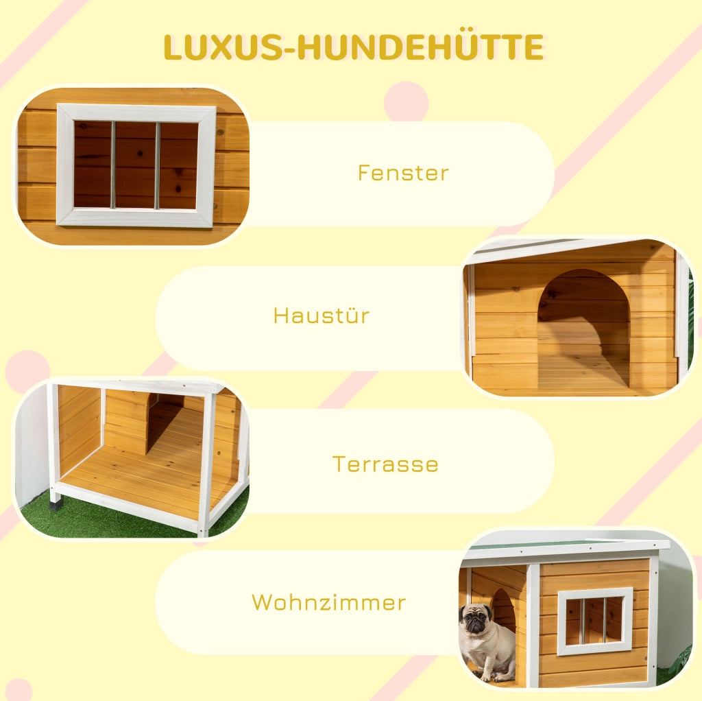 Cuccia per cani in legno con veranda e tetto apribile