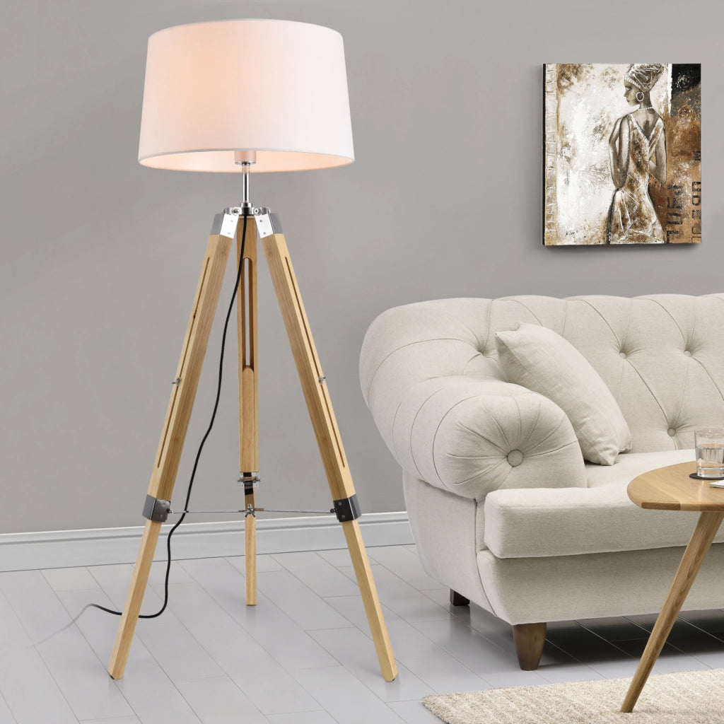 Lampada da Terra a Treppiede Regolabile in Altezza Piantana Tripode Base in Legno e Metallo Paralume in Tessuto -