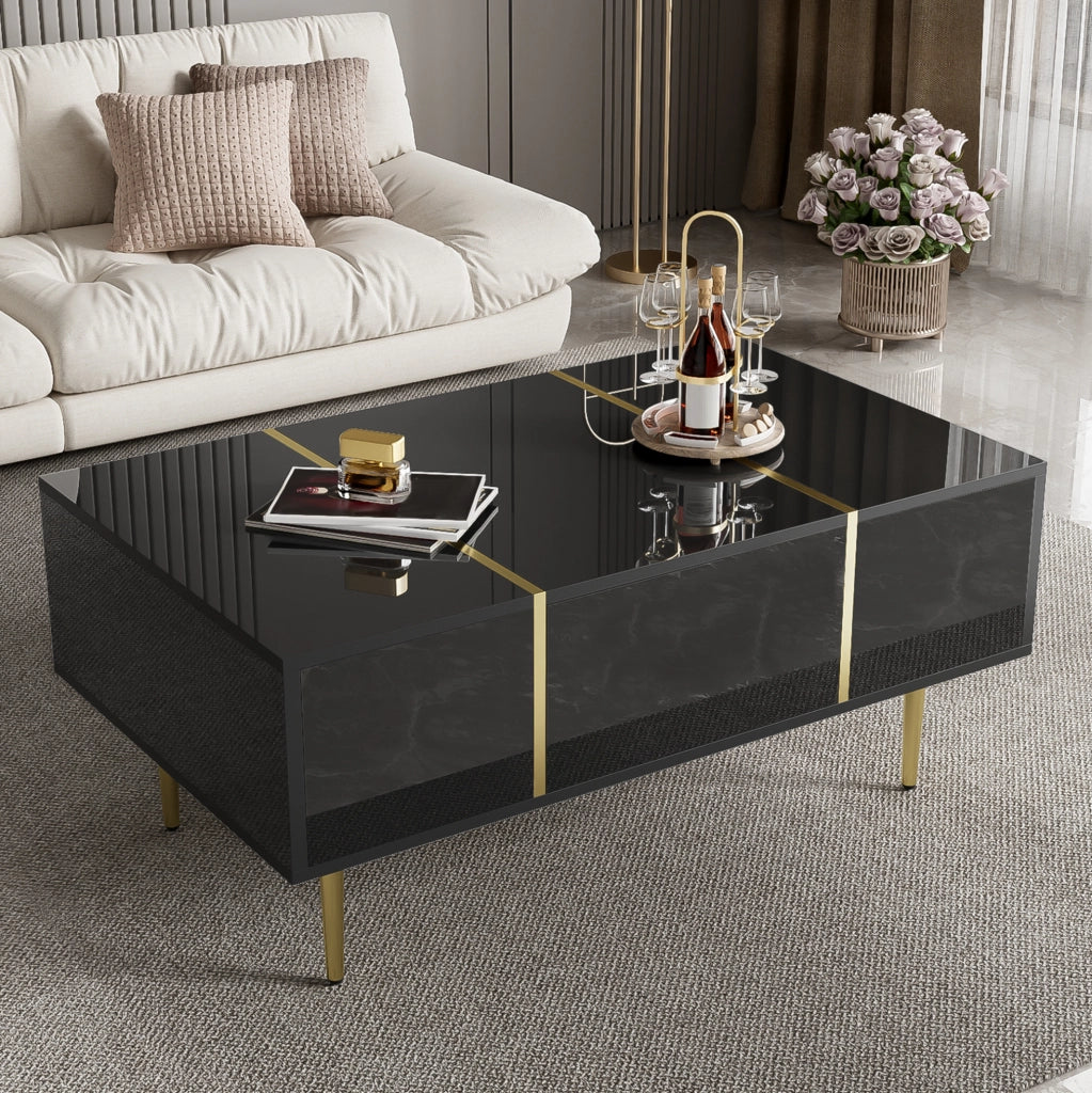 Tavolino da caffè moderno nero lucido con 2 cassetti; 100 x 60 x 41;5 cm; in MDF