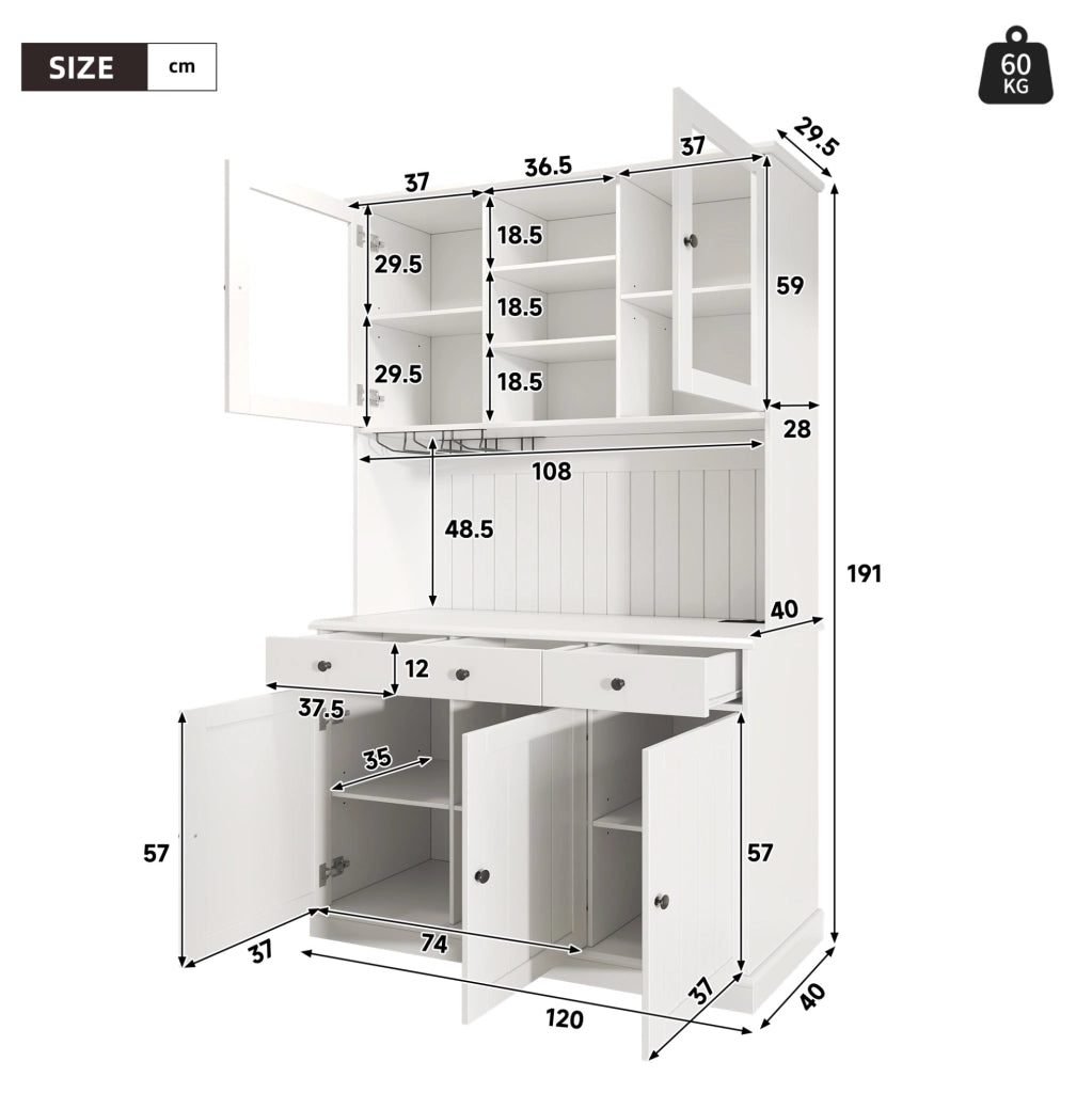 Credenza alta 120x40x191 cm con prese e USB, bianca