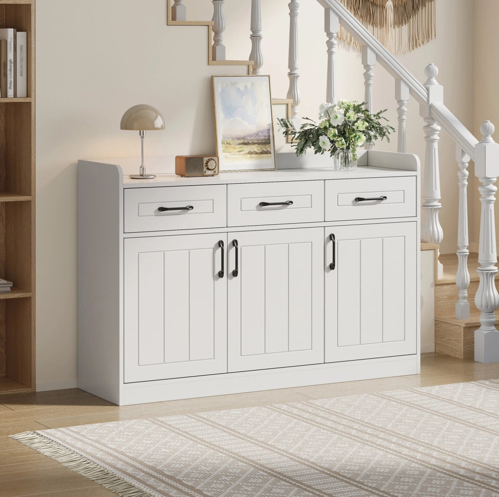 Credenza bianca 120 x 35 x 80 cm con 3 cassetti e 3 ante; in truciolare