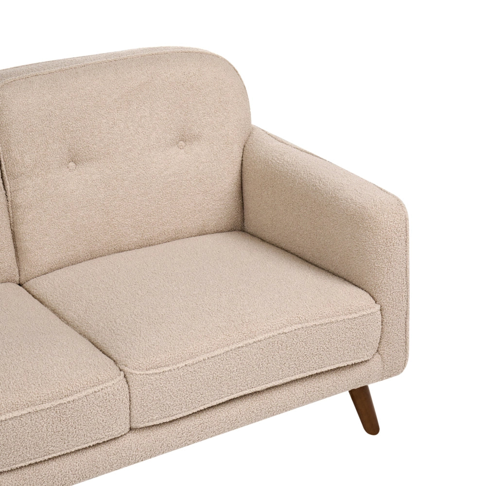 Divano a due posti beige in bouclé con imbottitura a bottoni, gambe in rovere, divanetto a due posti, stile tradizionale, soggiorno