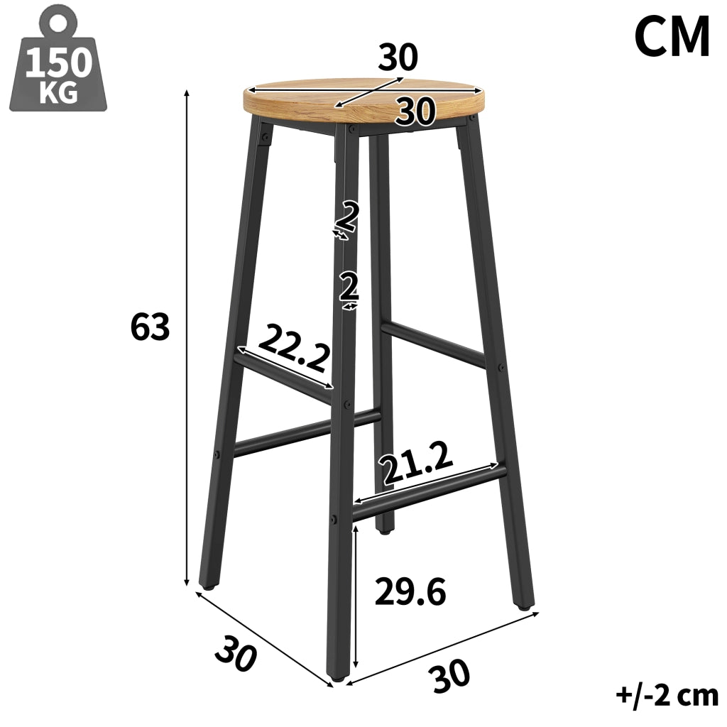 Sgabello da bar 2 pezzi con seduta effetto legno e due poggiapiedi, piedi regolabili e struttura in metallo nero 63 cm
