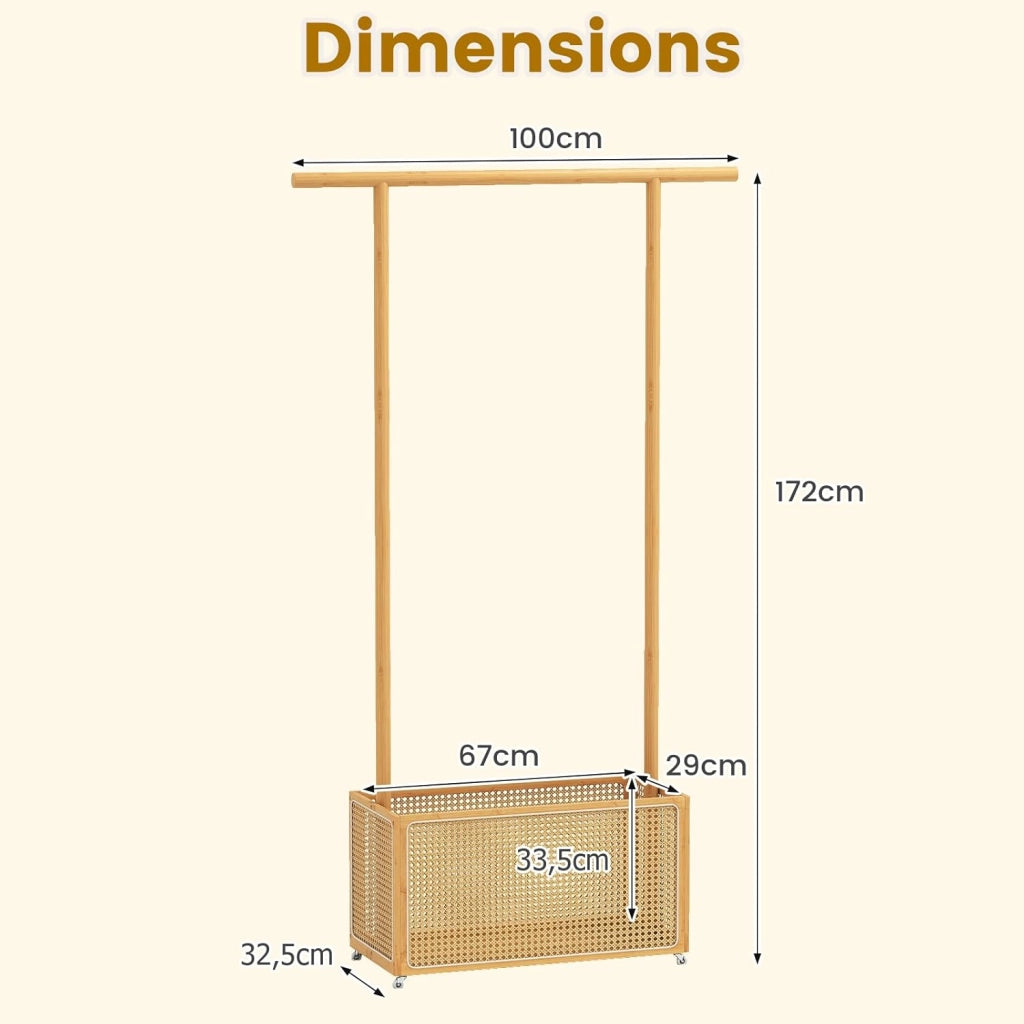 Asino - Appendiabiti con ruote, in bambù, con cestino portaoggetti in rattan e barra da appendere, stile rustico, 100 x 32,5 x 172 cm, organizer per vestiti, per ingresso, camera da letto