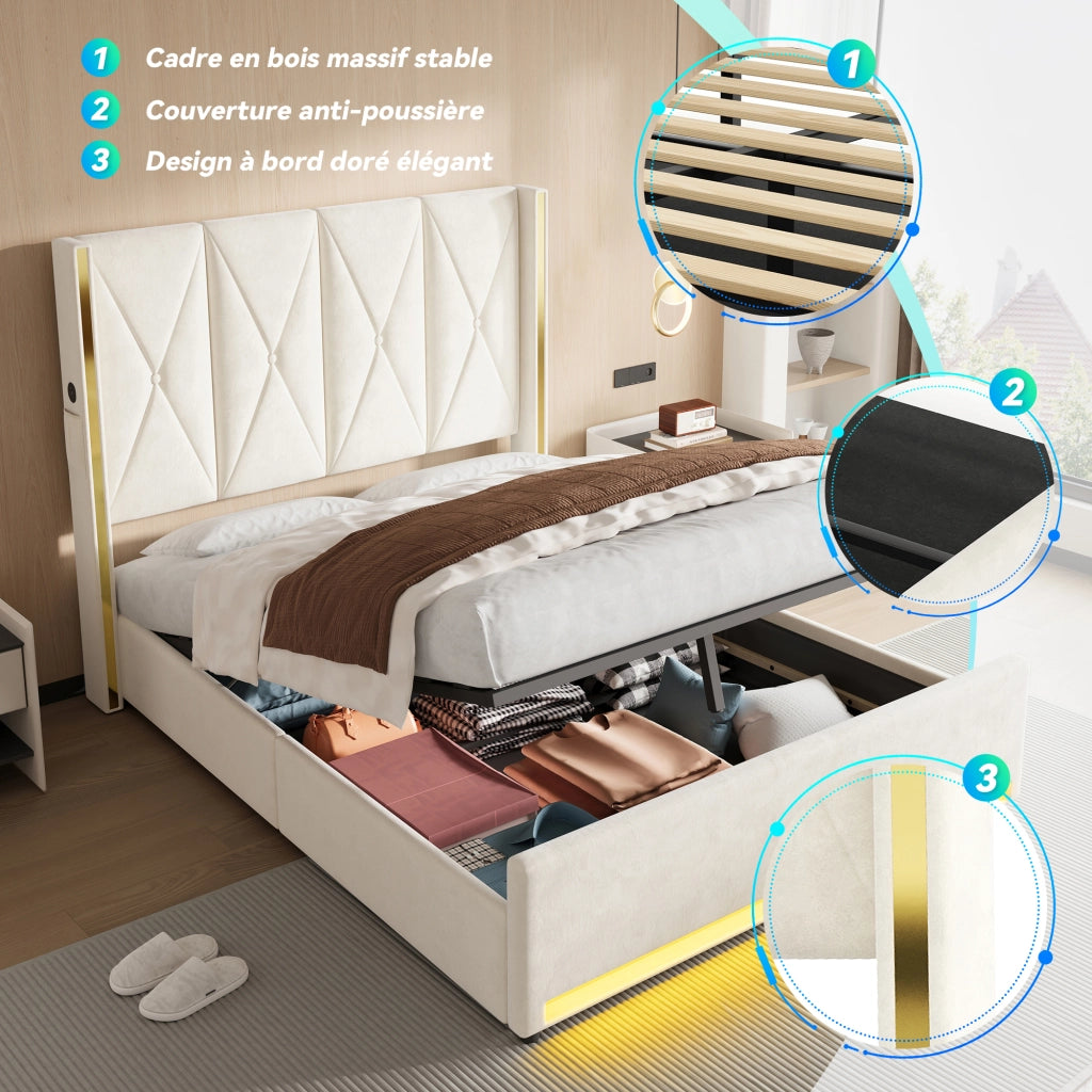 Letto Contenitore Matrimoniale 160x200 cm; USB; Type-C e LED; in Velluto Beige