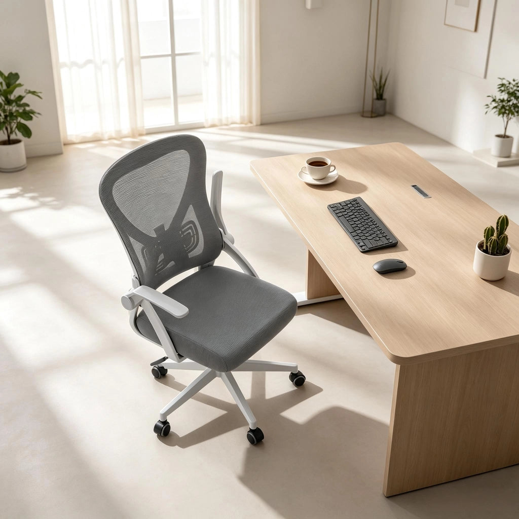 Sedia da ufficio girevole ergonomica con schienale reclinabile e braccioli pieghevoli in rete e schiuma grigia