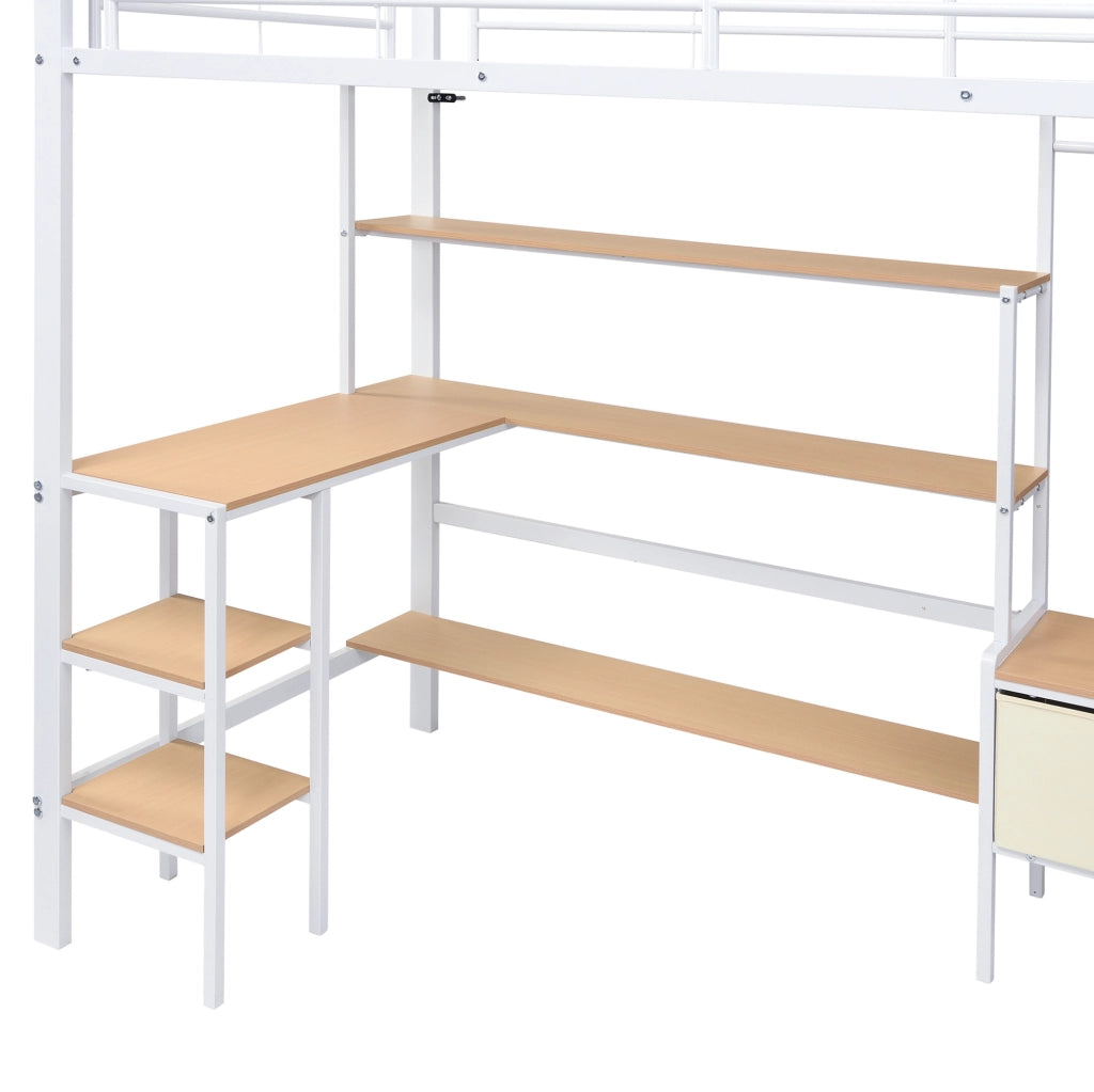 Letto a soppalco 90x200 cm in metallo e MDF con scrivania e contenitori