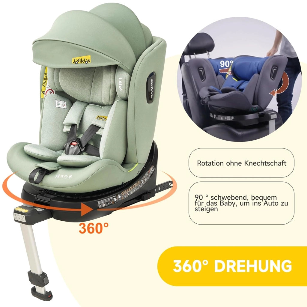 Seggiolino auto per bambini i-Size 360° girevole con ISOFIX, reclinabile e cappottina in tessuto verde