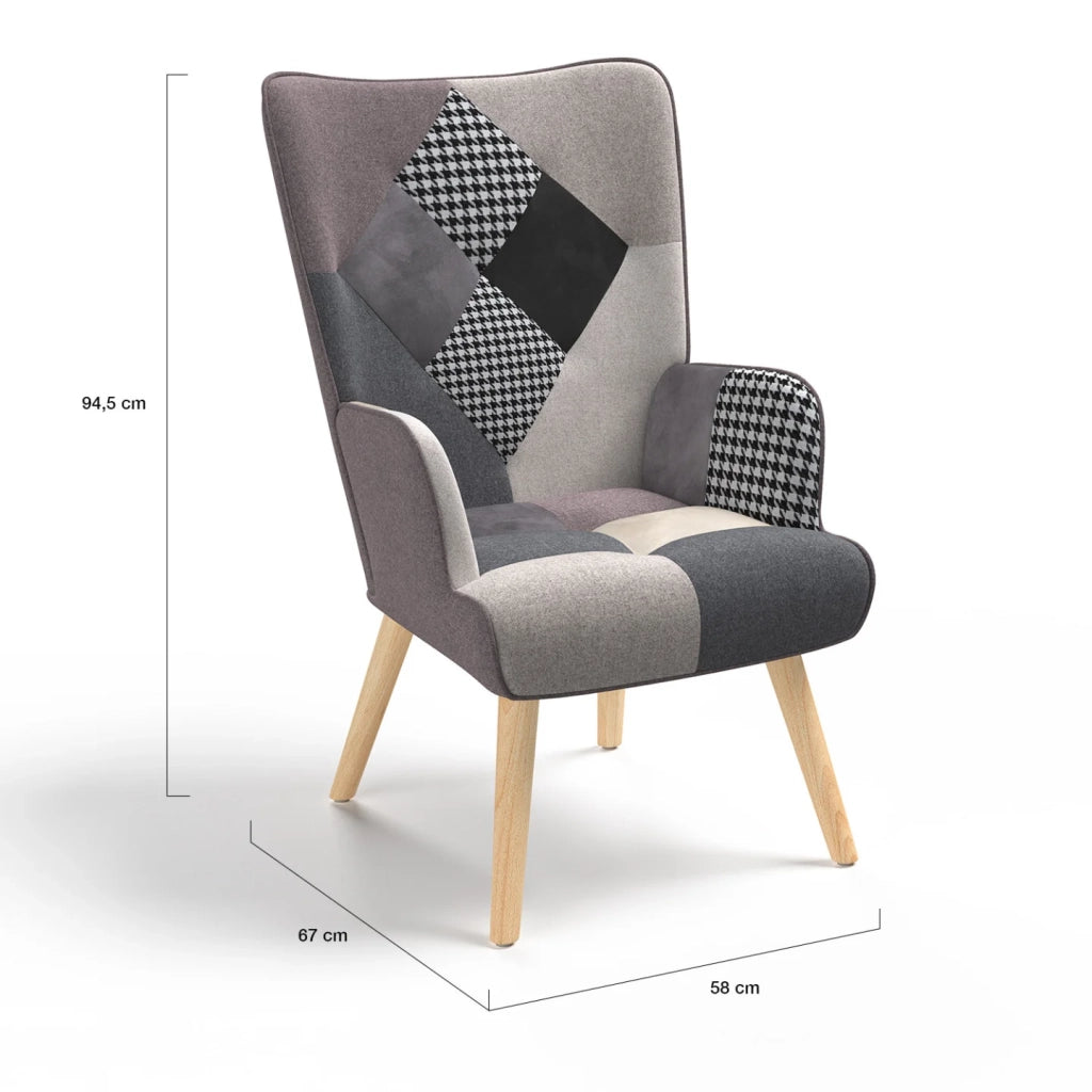 IDMarket - Poltrona scandinava IVAR in tessuto patchwork nero, grigio e bianco