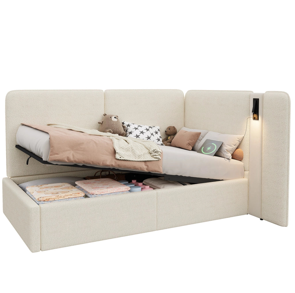 Letto singolo 90x200 cm con contenitore idraulico; lampada da lettura e porte USB; beige in bouclé