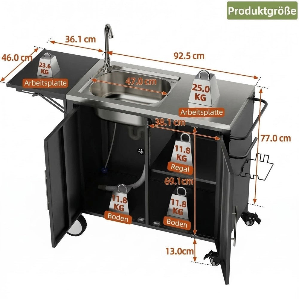 Carrello da Barbecue con Lavello e Piano Ribaltabile ¨C Xylo ¨C Metallo, con Ruote