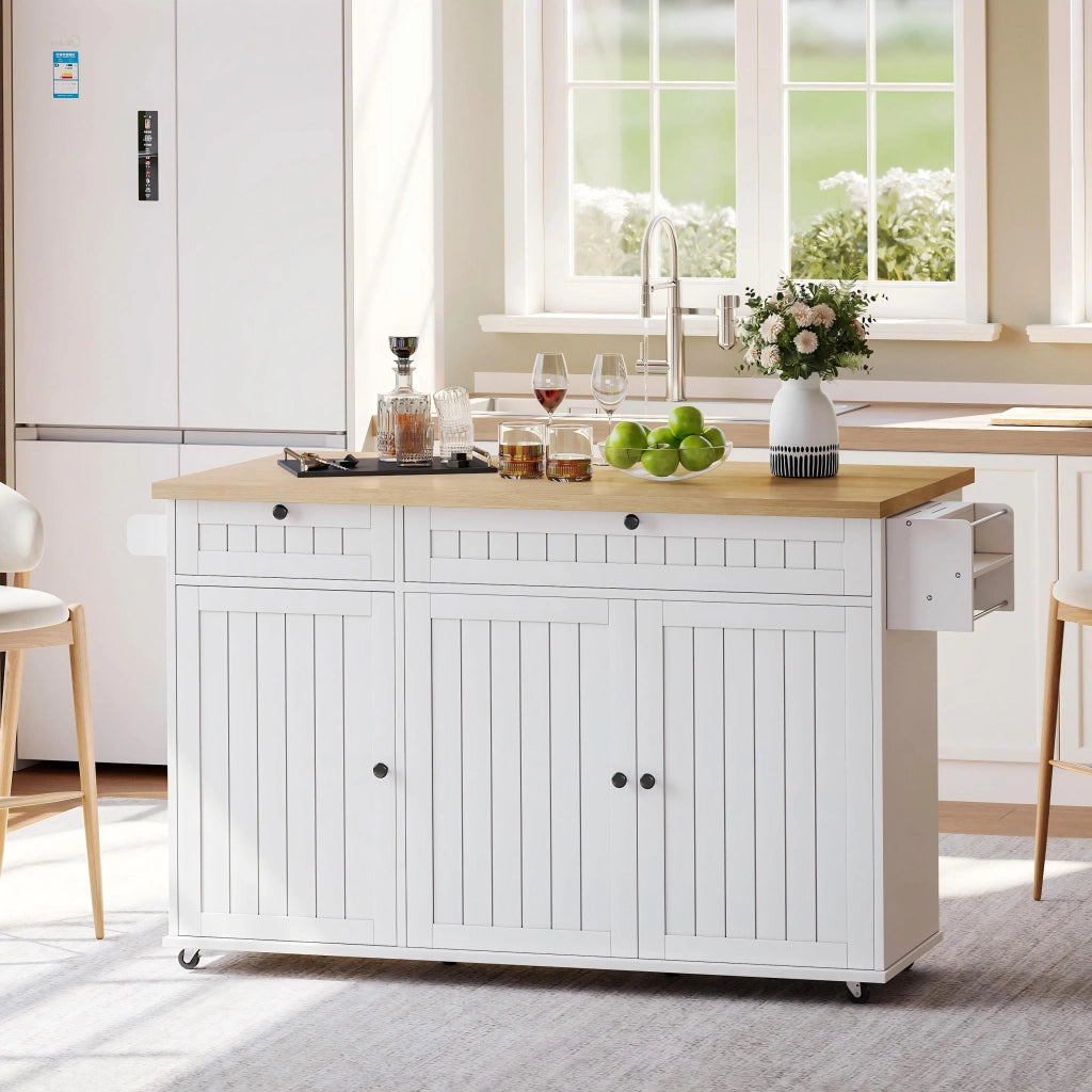 Isola cucina moderna con piano ribaltabile, 2 cassetti, mobile su ruote con ripiani e porta spezie, bianco/naturale, 137 x 89,5 x 45 cm