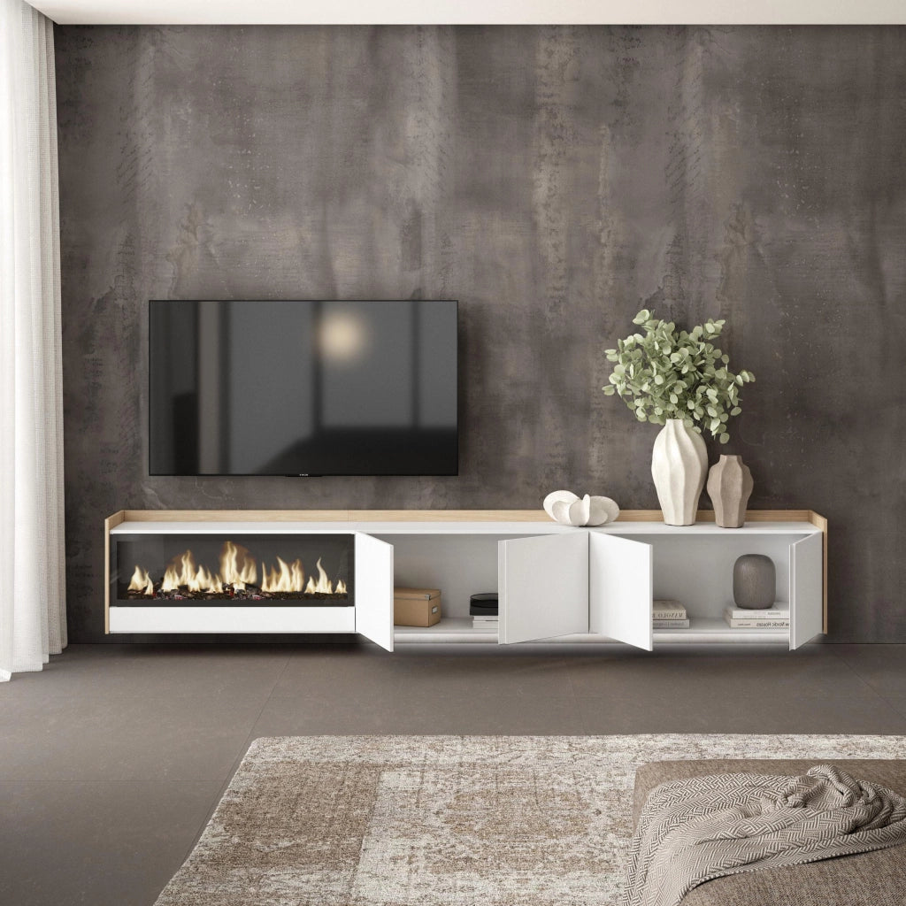Mobile TV Soggiorno, 315x50x35 cm, Per TV fino a 80", Camino elettrico XXL, Sospeso, da appendere, LED, Bianco e Rovere soft