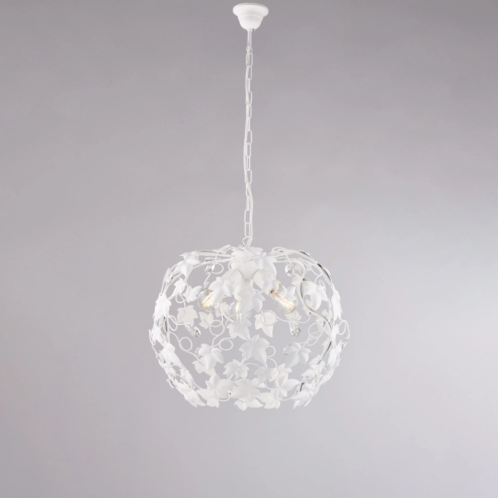 Lampadario in ferro laccato bianco con decorazione shabby chic e strass in cristallo 3 luci