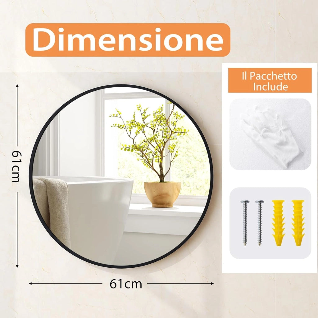 Specchio Rotondo 61 cm, Specchio da Parete con Cornice in Metallo Spazzolato Opaco Antiruggine, Specchio Moderno per Bagno Soggiorno Ingresso