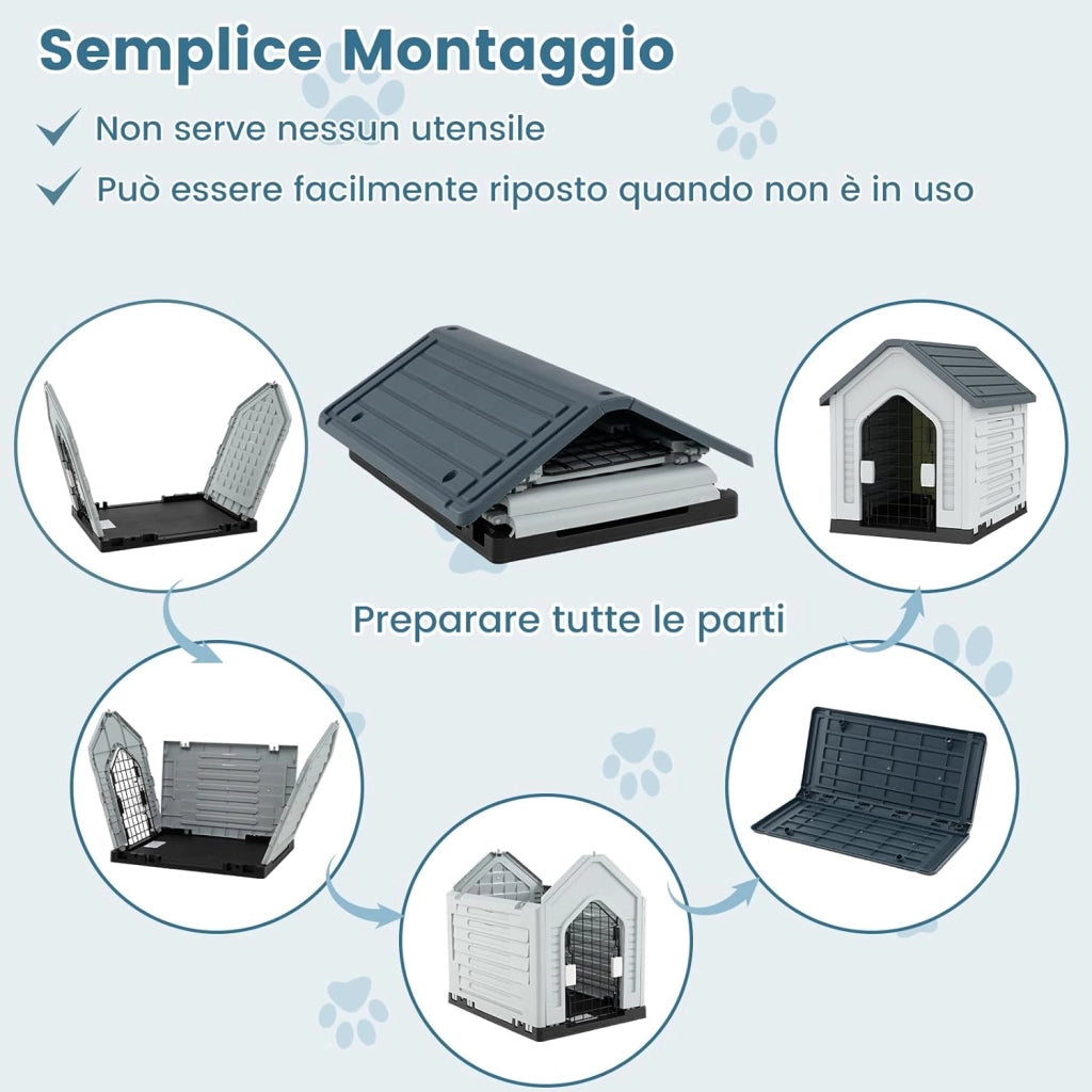 Cuccia per Cani da Esterno ed Interno, Cassetta per Cani Impermeabile con Porta in Metallo Bloccabile e Prese d'aria e Tetto Spiovente, Cucce per Cuccioli per Casa, 66,5 x 52 x 60 cm (Grigio)