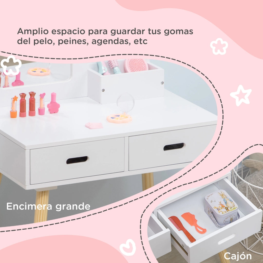Tocador per Bambini con Specchio e 2 Cassetti ¨C zephmum ¨C Bianco 60x40x95cm