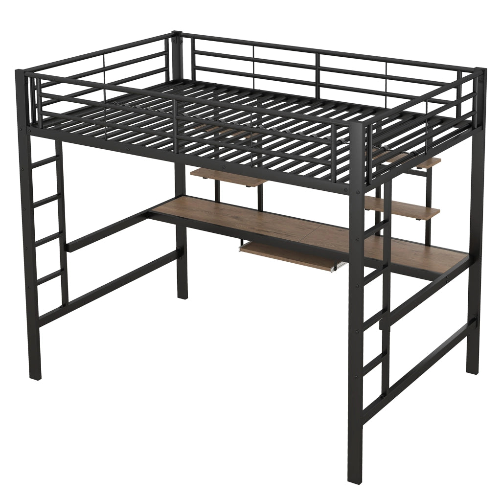 LETTO a soppalco 140x200 cm in metallo nero con scrivania e 2 scaffali