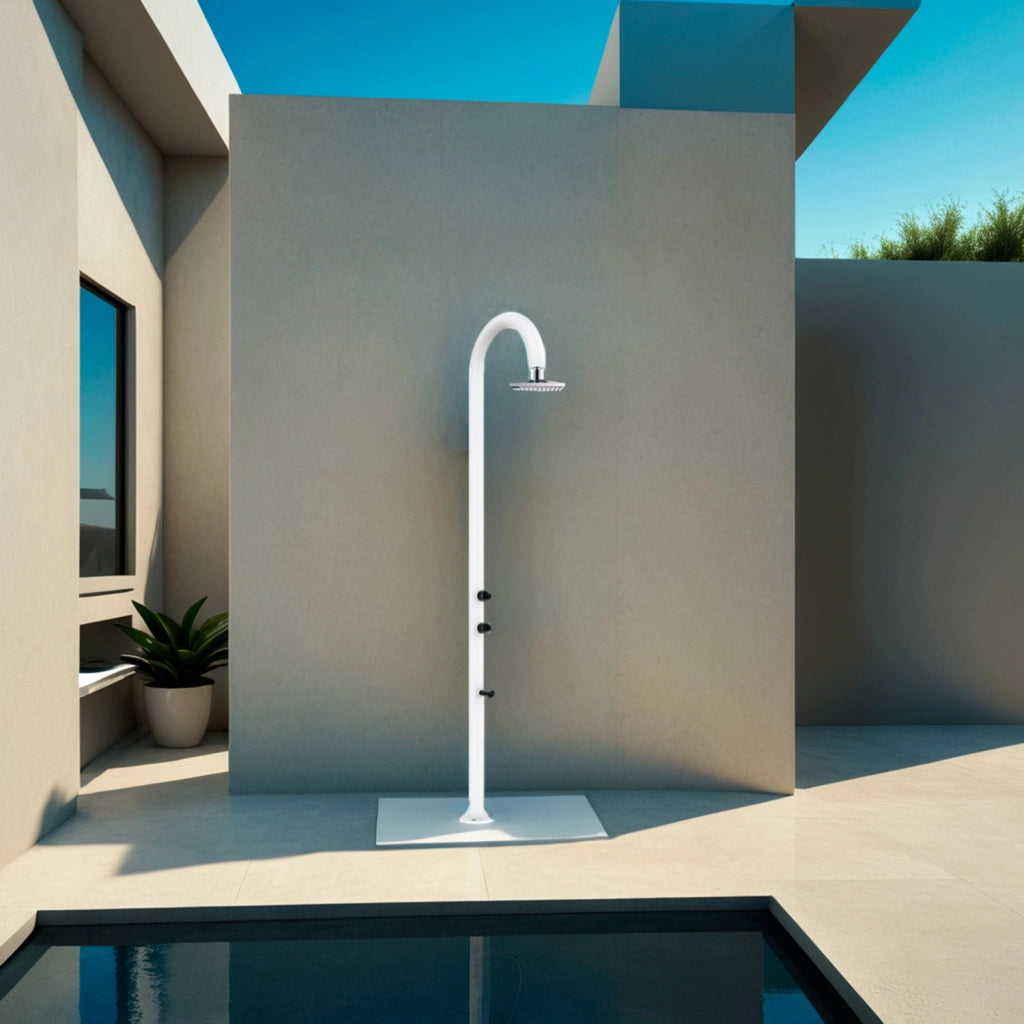 SINED Doccia in Alluminio Bianca con Soffione LCD Doppio Attacco Acqua e Termometro Posizionabile InternoEsterno Altezza 2235 cm Modello LUNAALUBIANCALCD