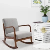 Poltrona a Dondolo Imbottita, Design Vintage in Legno e Poliestere Grigio, per Interni, Ufficio, Soggiorno, 64x86x80cm