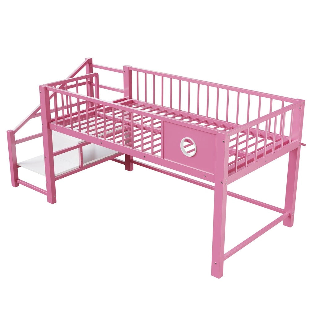 Letto a Soppalco Basso per Bambini con Scala Contenitore ¨C Xylo ¨C Rosa, Metallo, 90x200