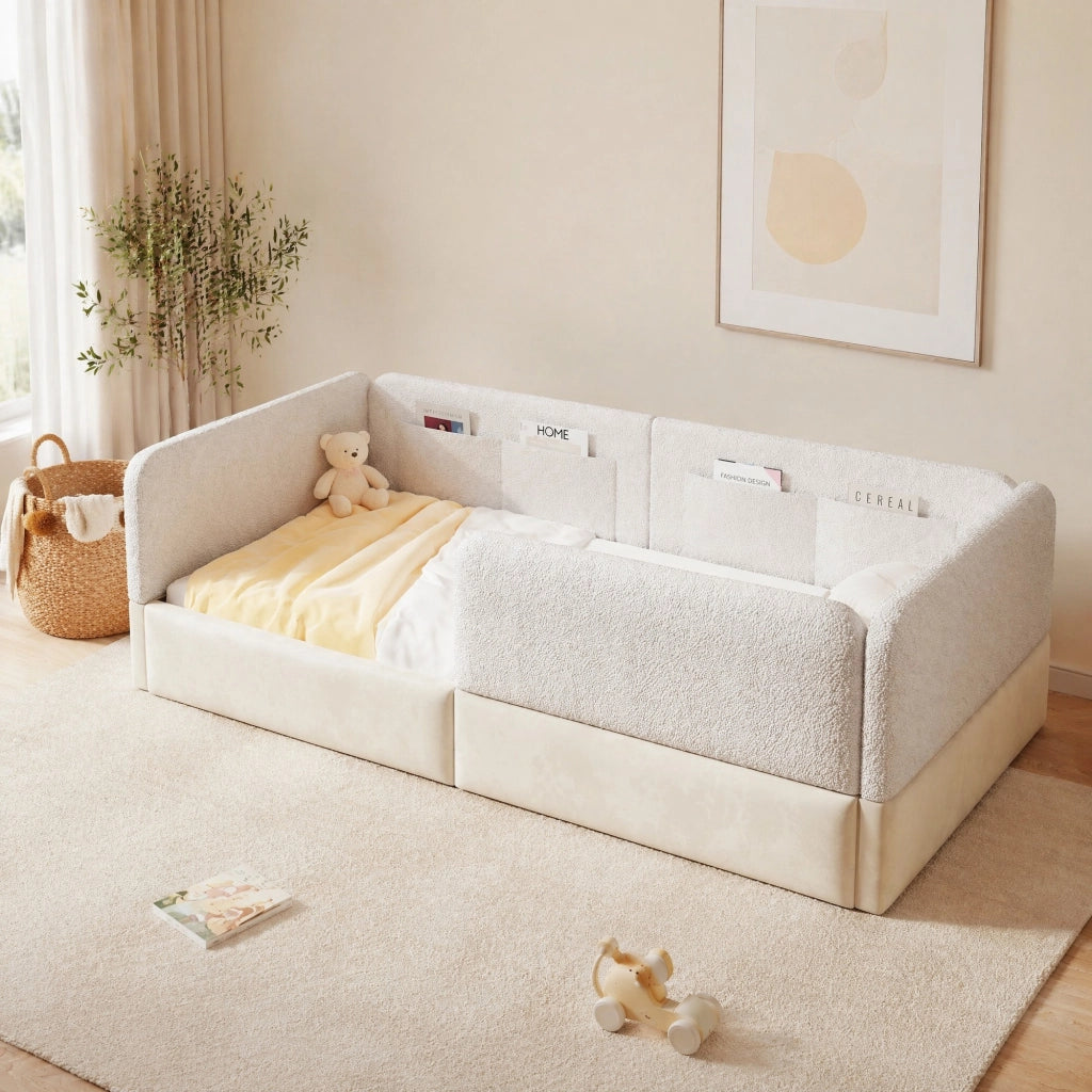 Letto a piattaforma imbottito 90x200 cm con sponde protettive e tasche portaoggetti, bianco