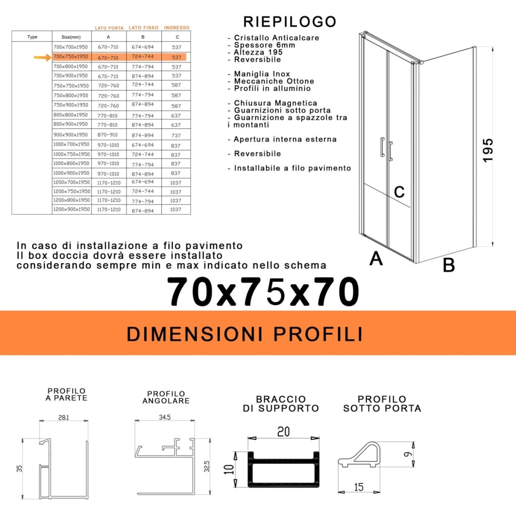 Box doccia saloon tre lati senza profili trasparente 6mm h195 dobla, misura 70x75x70