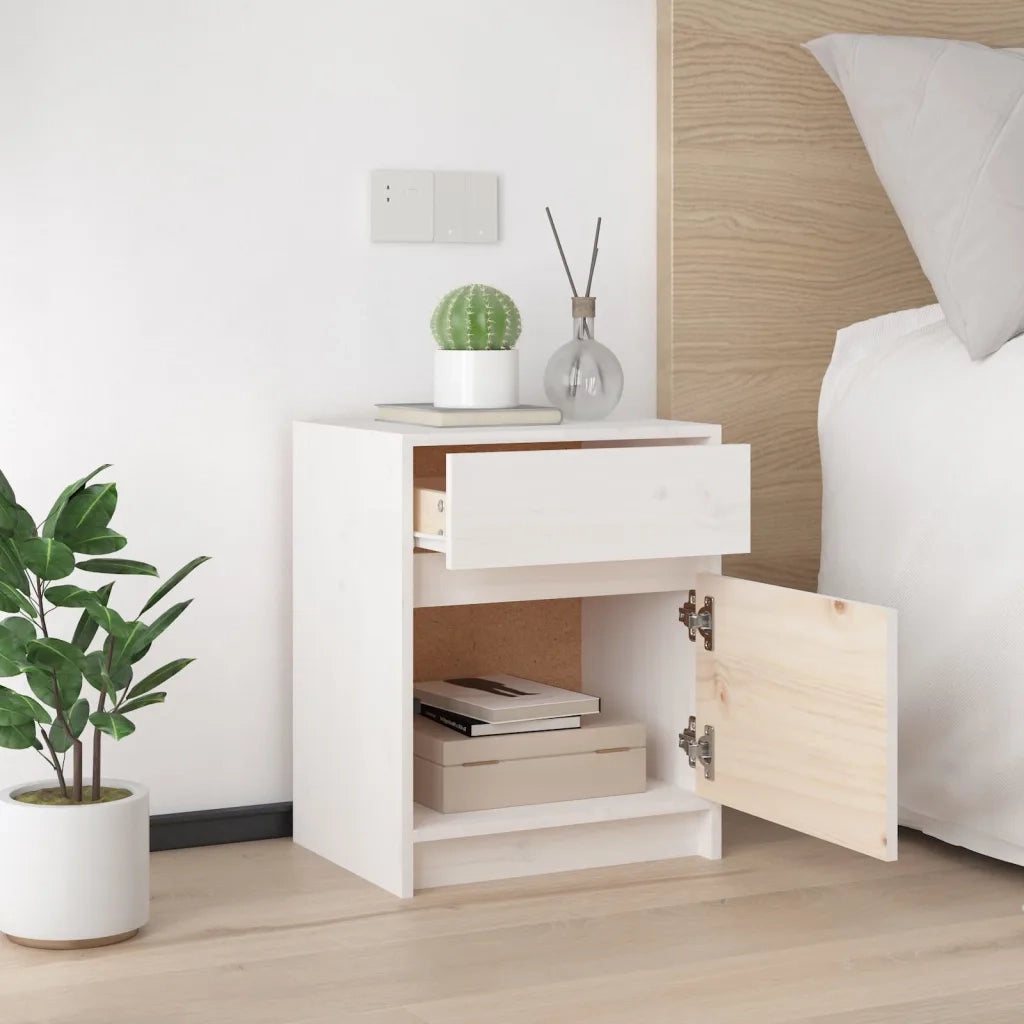 Comodino Bianco 40x31x50 cm in Legno Massello di Pino 808125