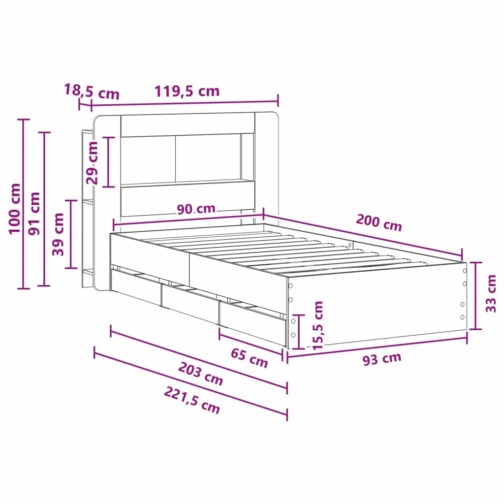 Telaio del letto con storage Sonoma grigio 90 x 200 cm