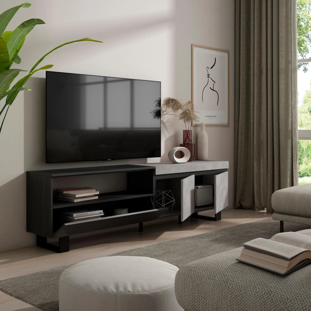 Mobile TV, 200x35x57cm, soggiorno, Per TV fino a 80", Design industriale, grigio cemento RF2233