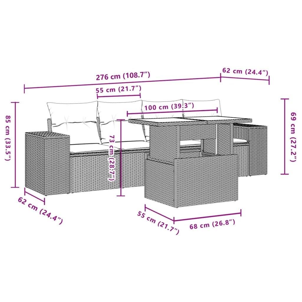 Set Divano da Giardino 5 pz con Cuscini Grigio in Polyrattan