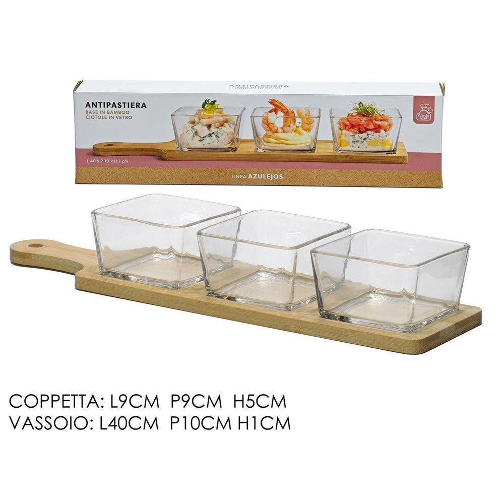 Trade Shop - Antipastiera Con 3 Ciotole In Vetro Vassoio Base In Bamboo 40x10cm Per Salse Finger Food -