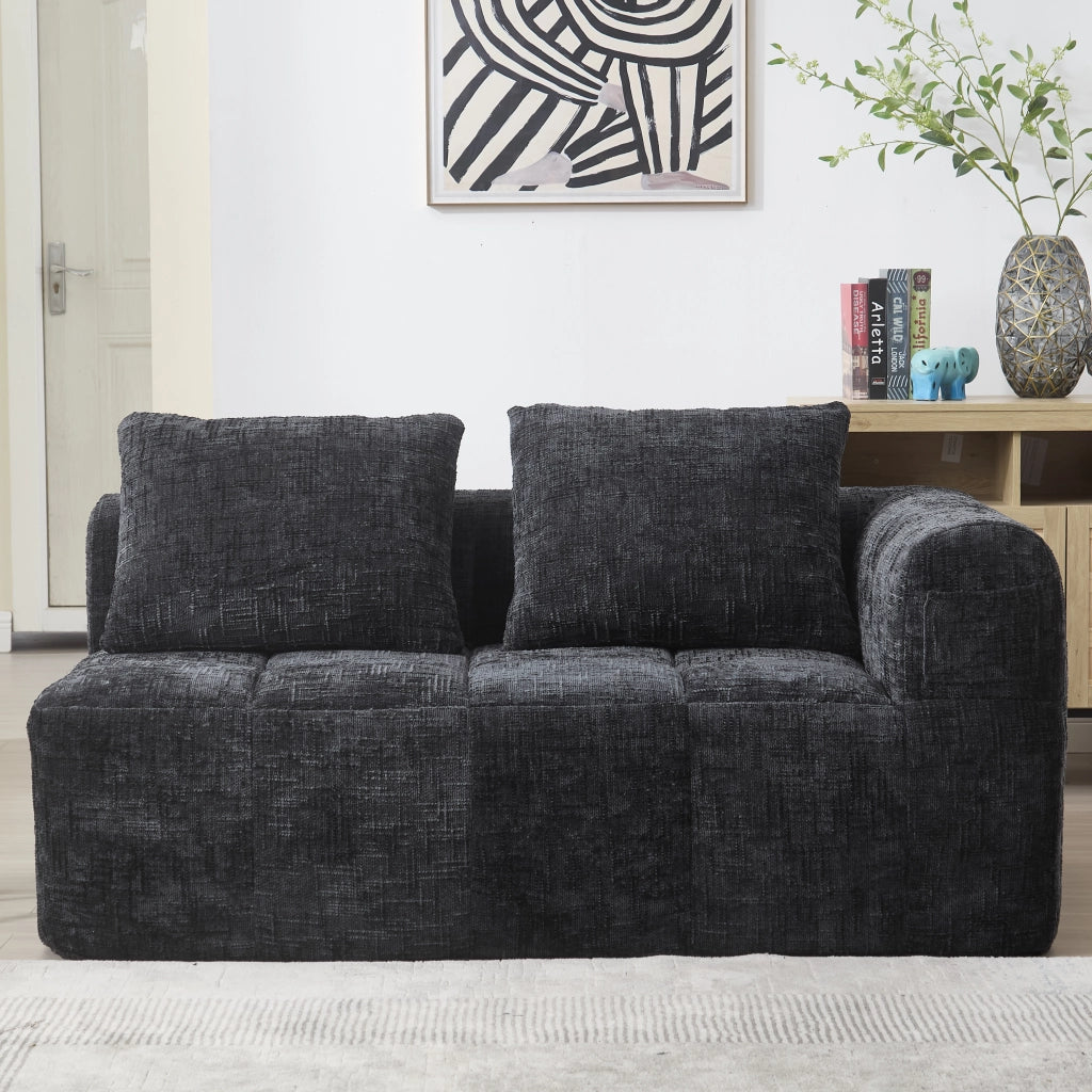 Divano 2 Posti con Tasche Laterali e Cuscino; Stile Chaise Longue in Ciniglia Nero 158 x 90 x 60 cm