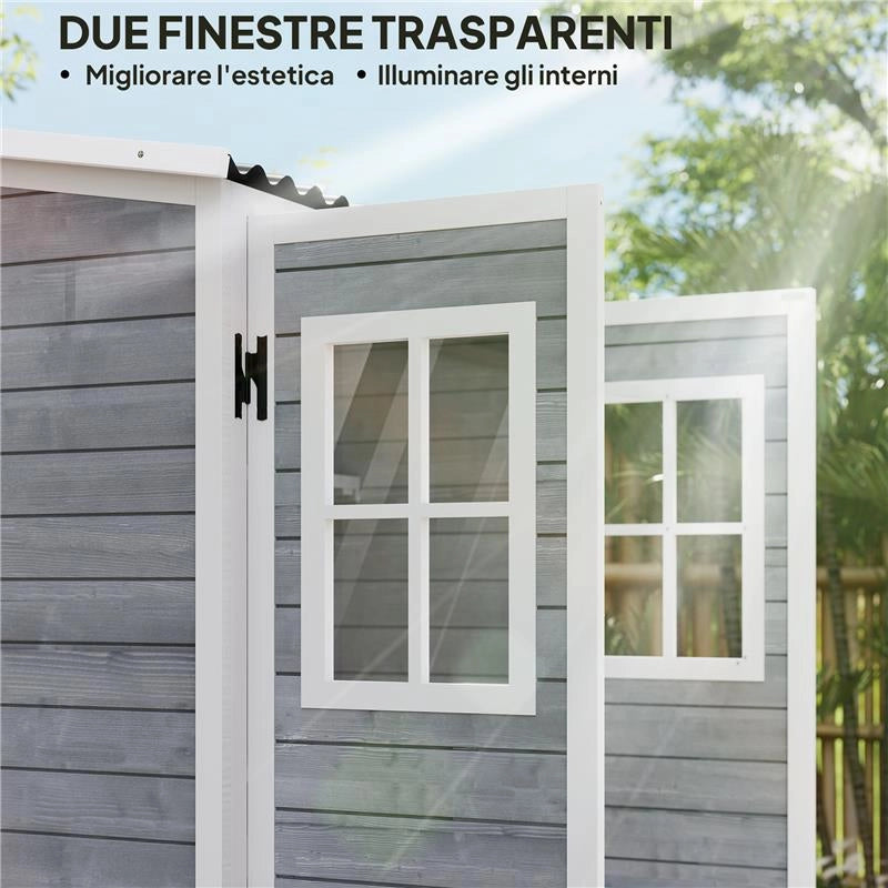 CASETTA DA GIARDINO IN LEGNO CON RIPIANI REGOLABILI DUE PORTE CON BLOCCO E FINESTRE 91X69X185/192 CM GRIGIO