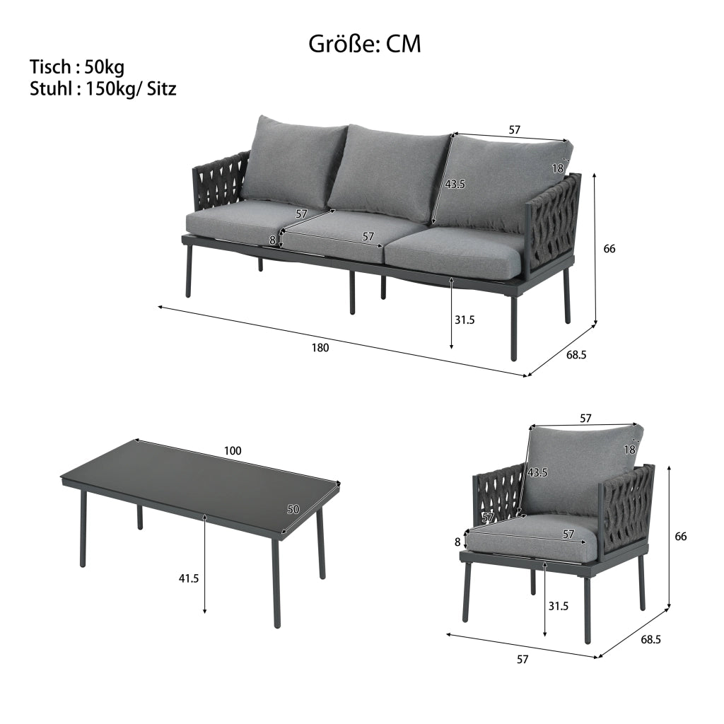 Set Divano da Giardino con Tavolo e Cuscini ¨C MINIMAL ¨C Polyrattan, Acciaio, Grigio