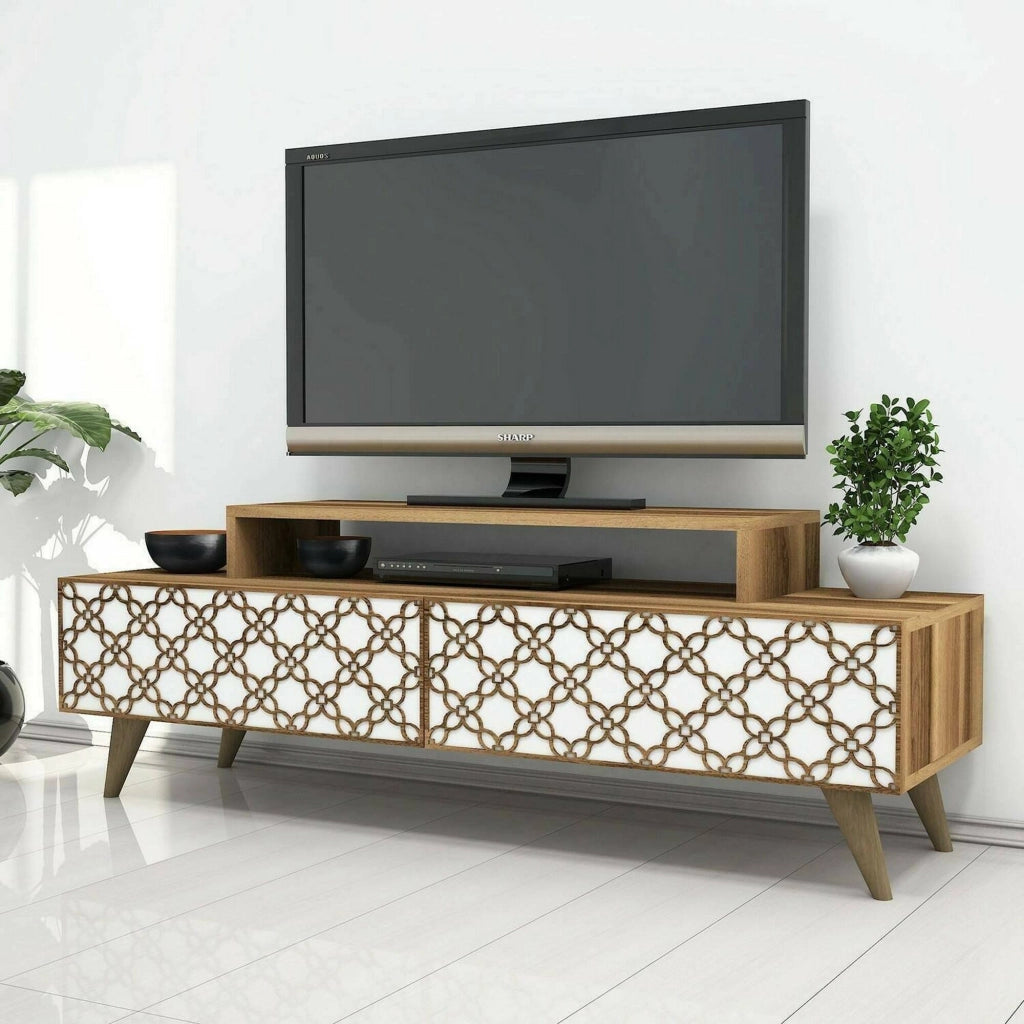 Mobile porta TV Arnara, Credenza da soggiorno, Armadio basso per TV, Base parete attrezzata, 140x42h49 cm, Noce e Bianco