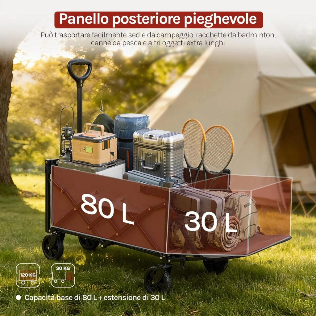 Carrello da Giardino Pieghevole con Ruote, 2 Portabicchieri, Pannello Posteriore Ribaltabile, Manico a Ritorno Automatico, Carrello Portata 150 kg, Telaio in Metallo, per Esterno, Grigio