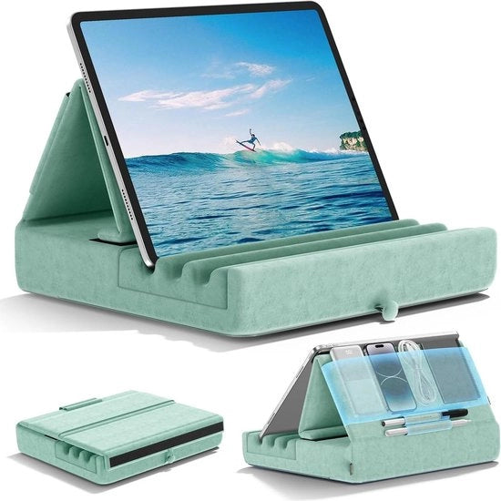 Sostegno da tavolo pieghevole - supporto per iPad per letto e scrivania - cuscino morbido con Pocket & Mount per stilo - compatibile con iPad Pro 12.9 10.5 - Galaxy Tab - lettore e-book - sostegno per laptop