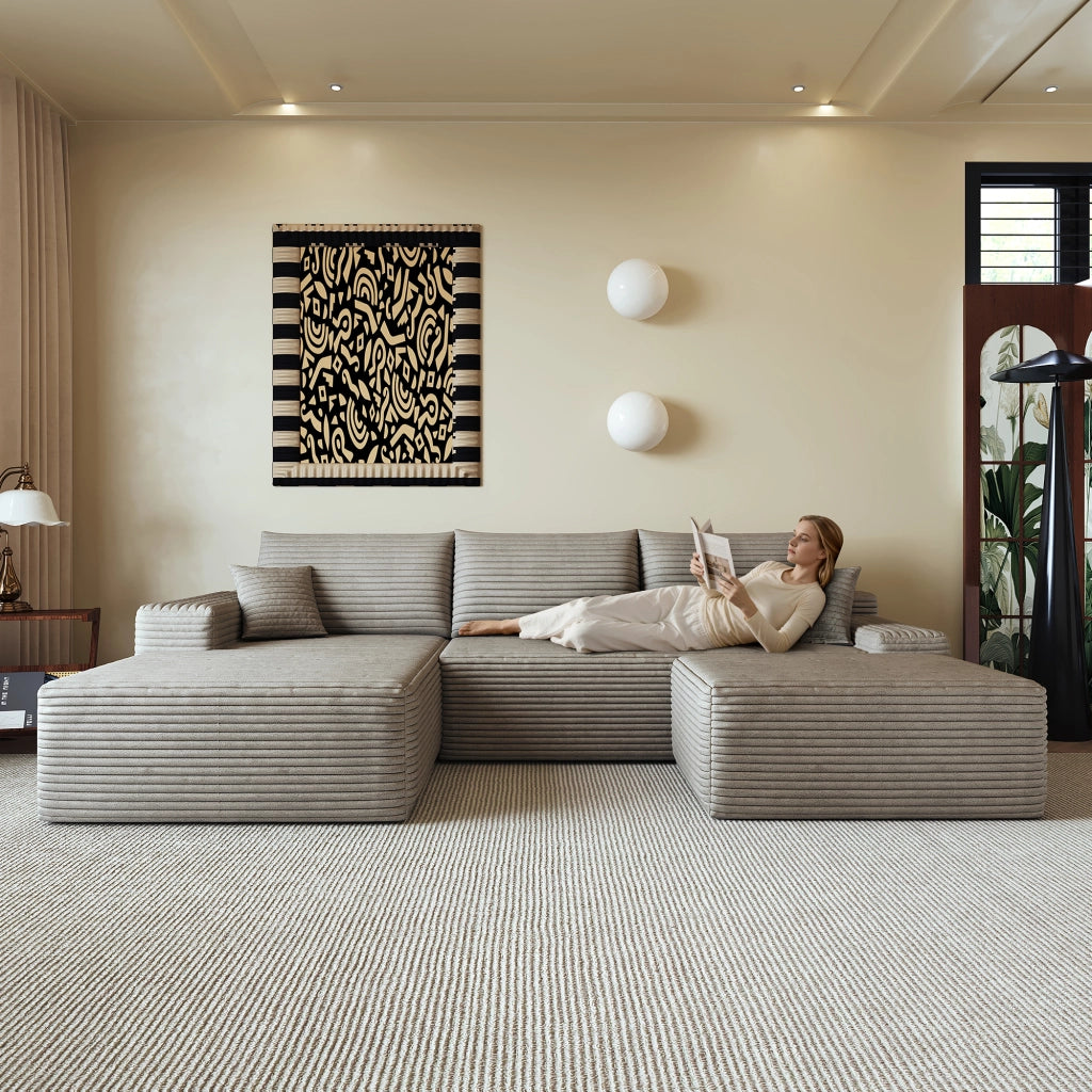 Divano angolare con chaise longue e seduta profonda in tessuto a coste, colore camel, 270 × 175 × 83 cm