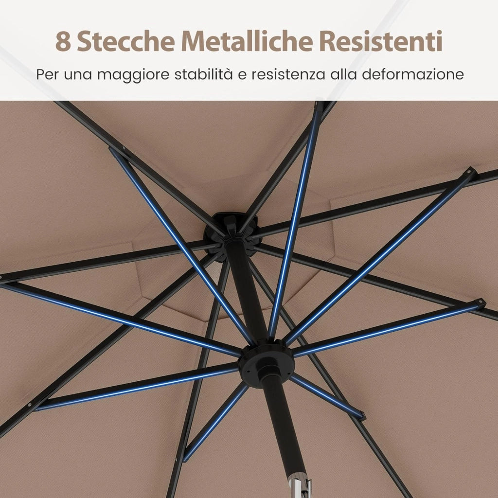 Ombrellone da Esterno 288 cm, con 96 Luci LED, Ombrellone Giardino con Inclinazione Regolabile, Manovella, 8 Stecche e Top Ventilato, Parasole da Mercato per Giardino Spiaggia (Marrone)