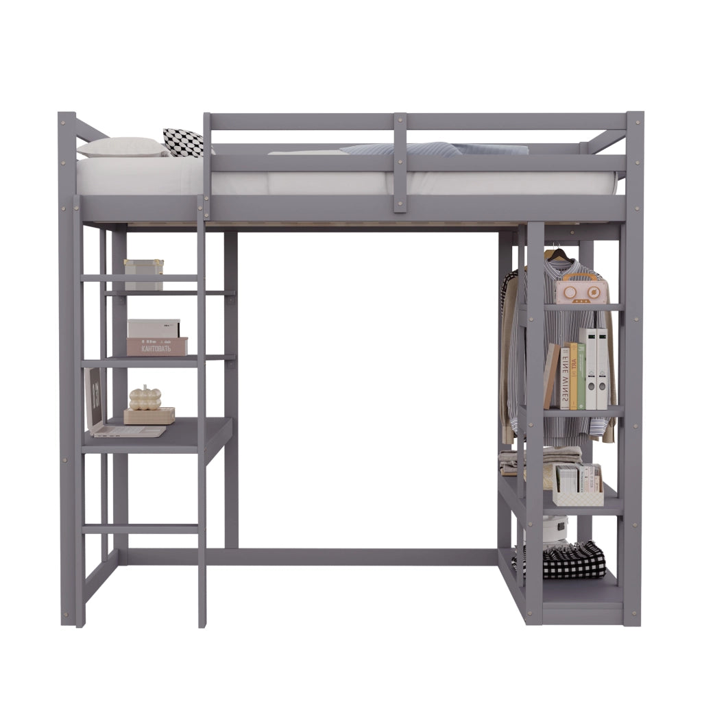 OKWISH Letto a Soppalco 140×200 cm, Letto Matrimoniale con Scrivania, Mensole e Appendiabiti con Aste, senza Materasso, in Legno, Grigio