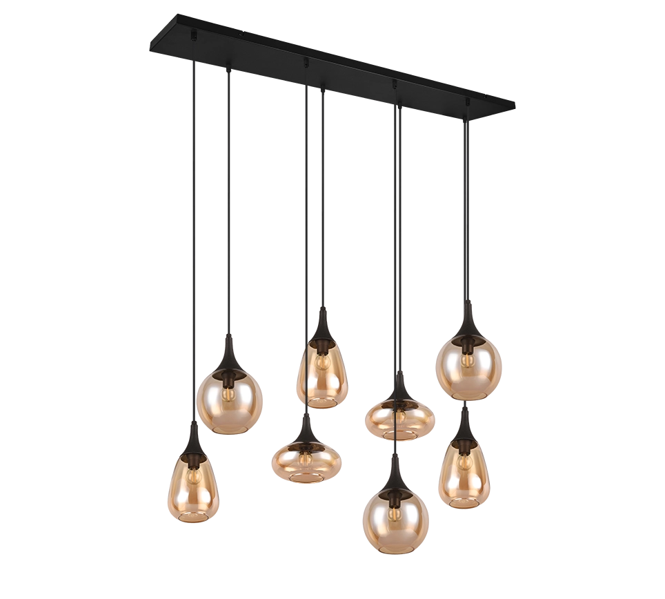 Lampada a sospensione 8 diffusori, vetro, nero e ambra, L 121 cm, Lumina