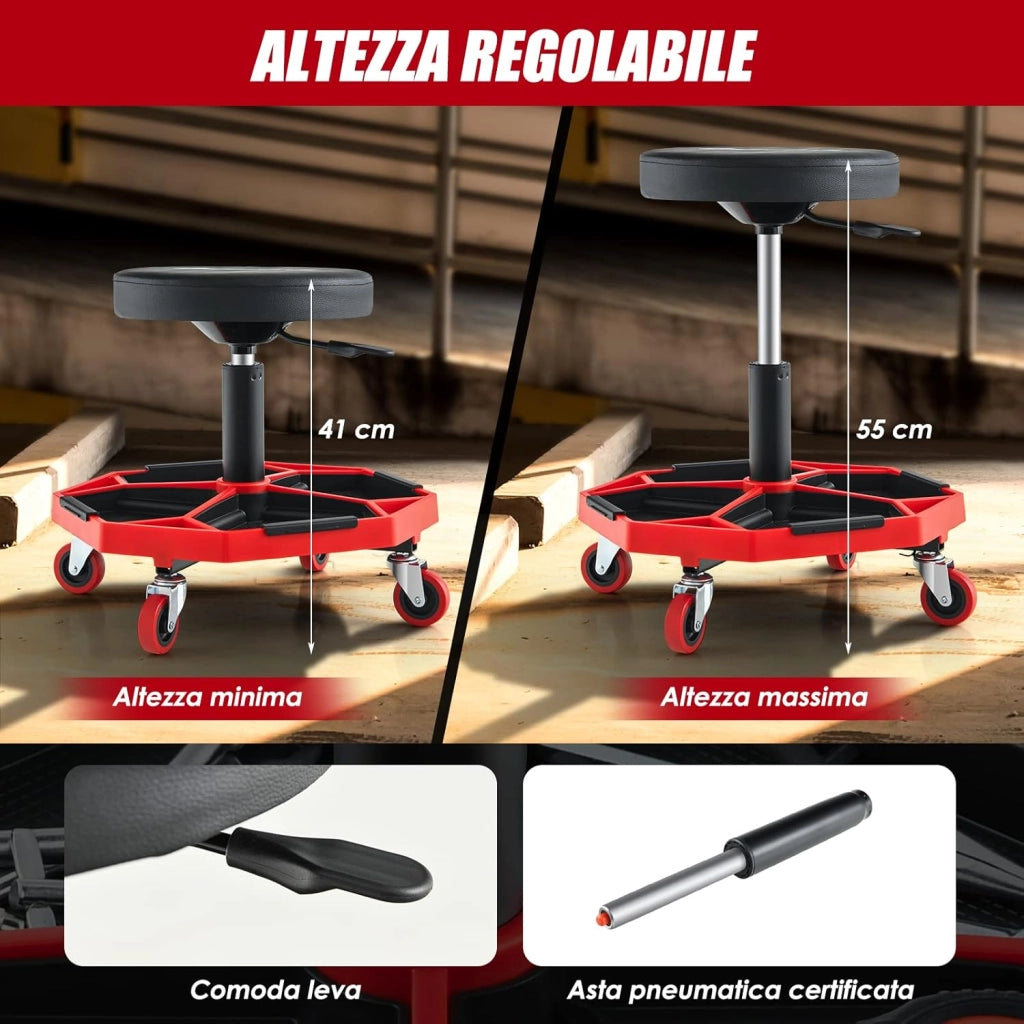 COSTWAY Sgabello da Officina con Ruote, con Ripiano per Attrezzi e Viti, Portata di 150 kg, Altezza Regolabile e Girevole, Sedia Meccanico per Garage, Officina (Rosso)