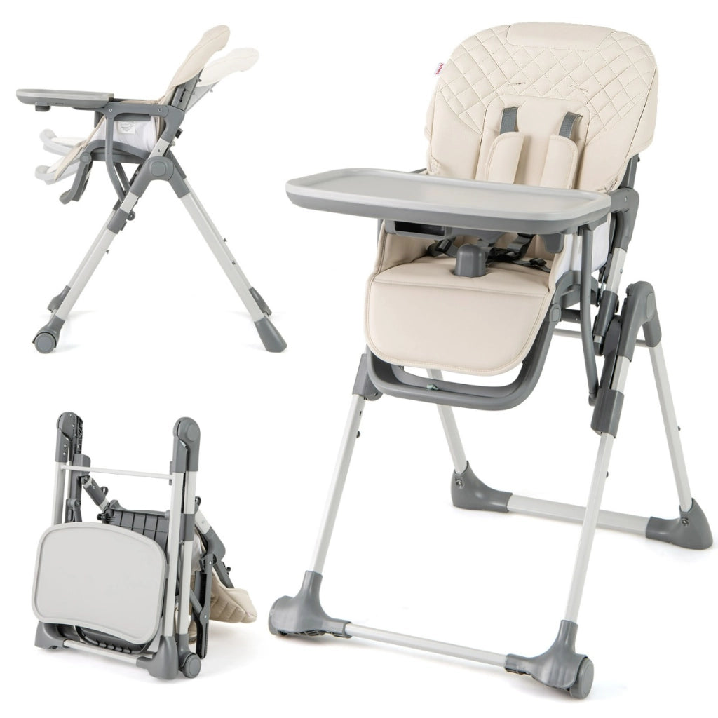 Seggiolone pieghevole per bambini con vassoio staccabile, Seggiolone portatile regolabile con poggiapiedi Beige-Seggioloni