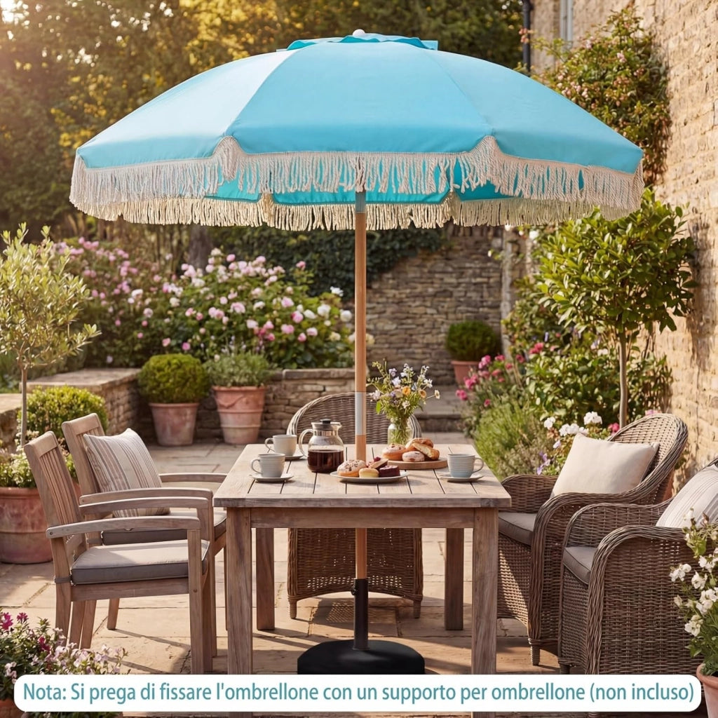 Ombrellone da Spiaggia 180 cm, Inclinabile Regolabile 30°, Palo in Legno, 8 Stecche in Fibra di Vetro, Ombrellone per Giardino, Piscina, Terrazza (Blu)