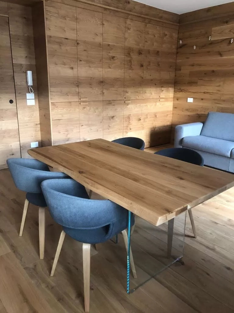 Tavolo fisso in legno rovere massello 250x100  spessore 4 cm e gambe in vetro (811) - Mobili 2G
