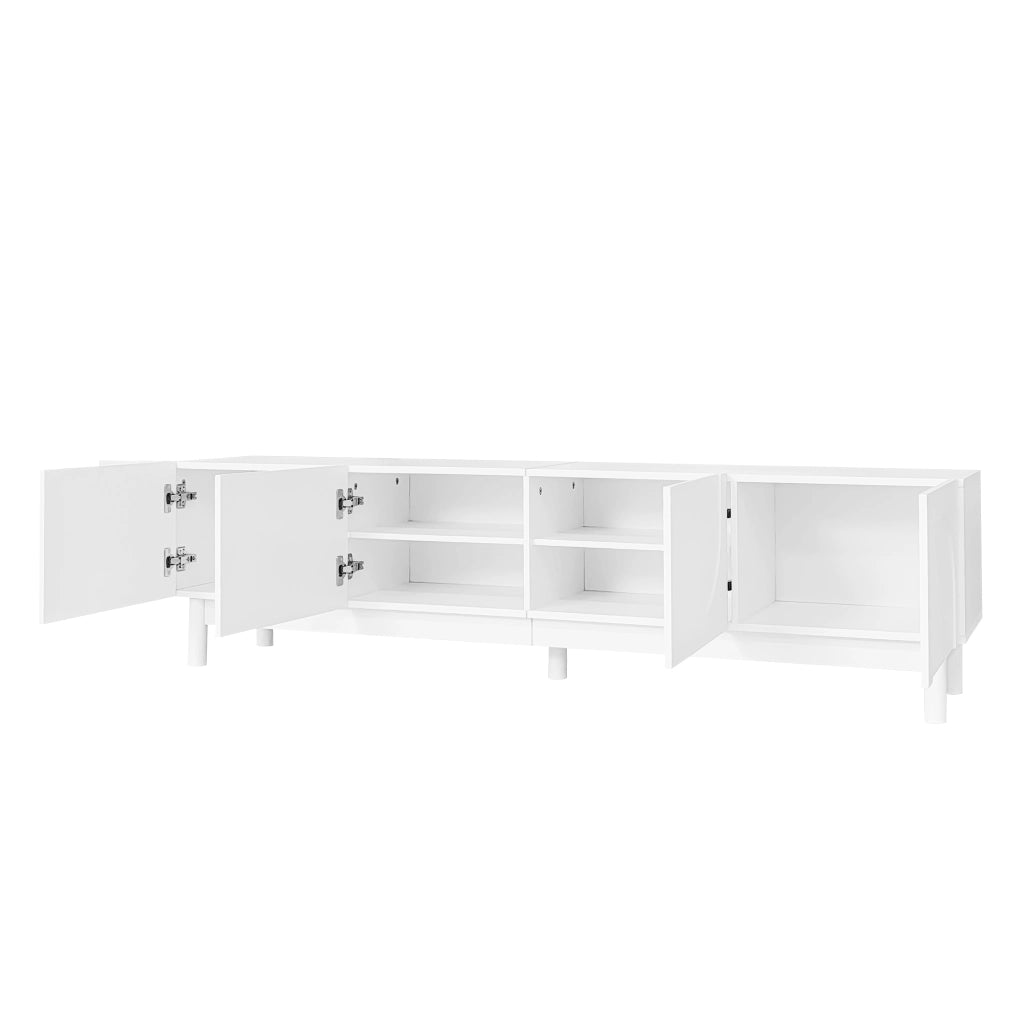 Mobile TV 169x34x45.5 cm; 4 ante senza maniglie con ripiani; MDF e pannello truciolare bianco